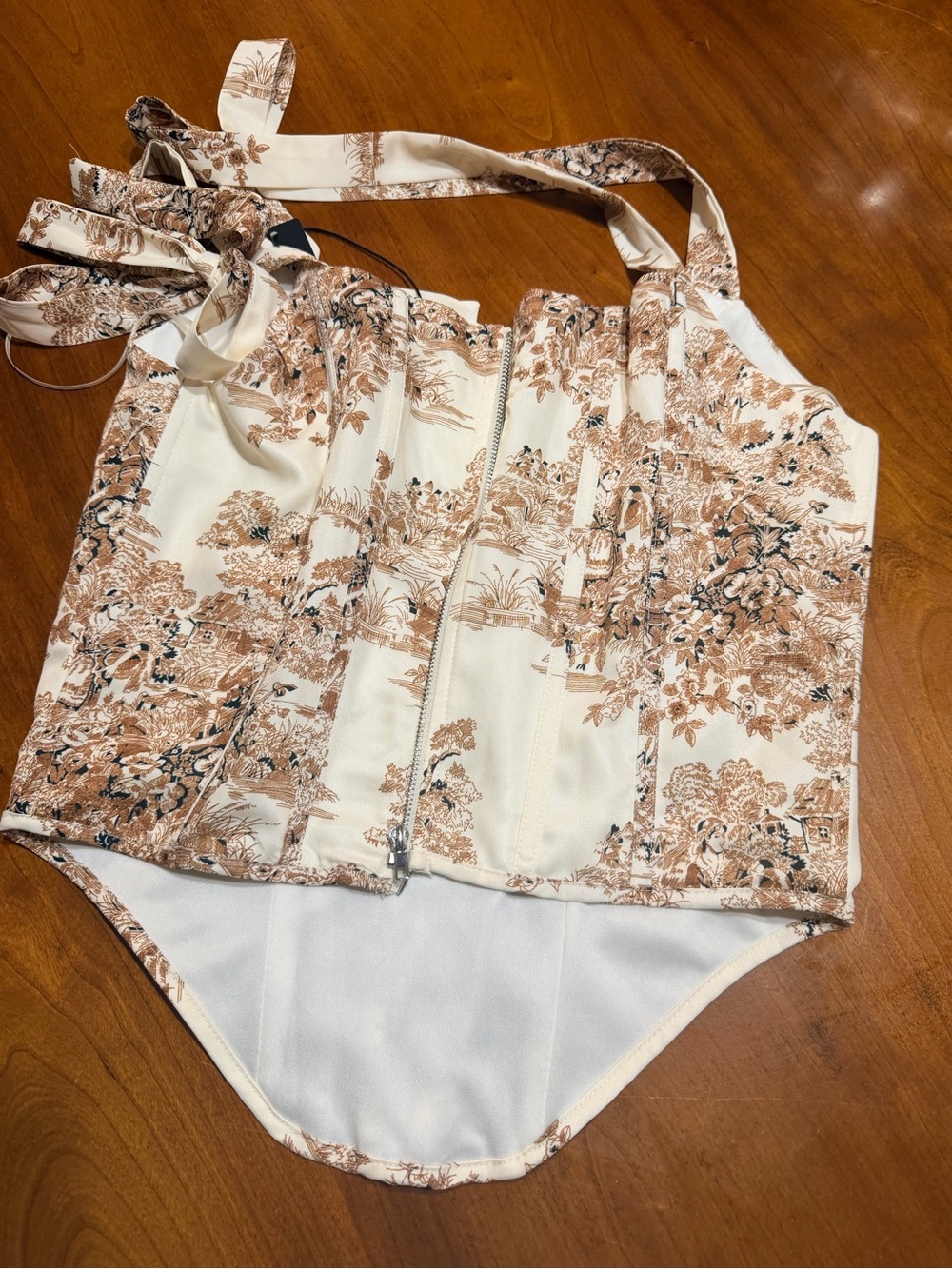 Fashion Nova Cream and Brown Scenic Print Corset - Picture 3 of 5